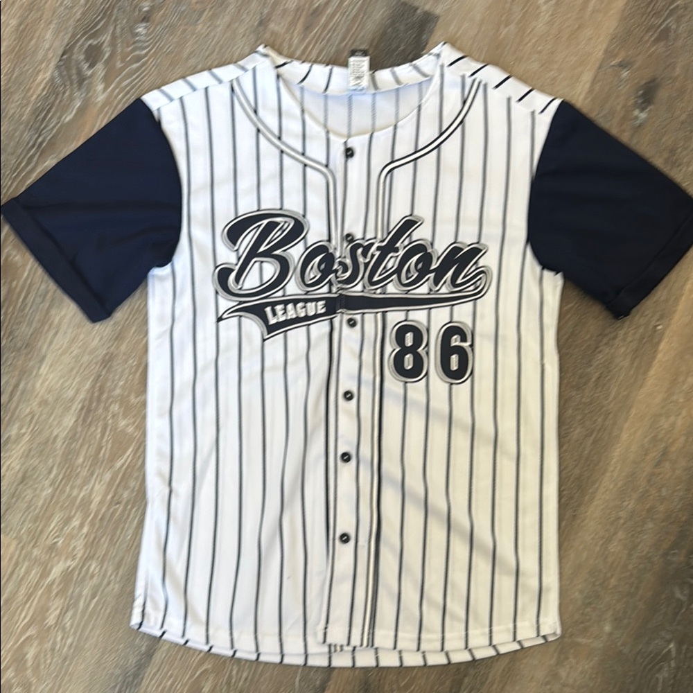 Striped Baseball Jersey with Boston Print